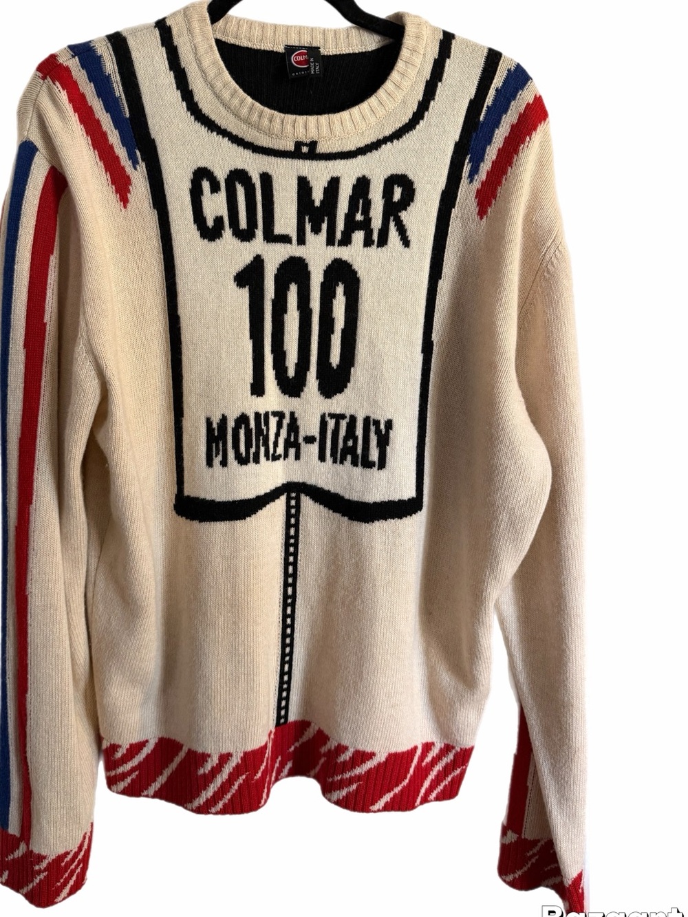 COLMAR Cream Graphic '100 Monza-Italy' Crewneck Sweater with Red & Blue Stripes
